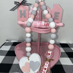 Tier tray decor,Valentines decor,miniwood house,mini rollingpin,wood beadgarland